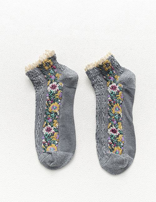 Fashion Gray Lace Floral Stitching Cotton Socks