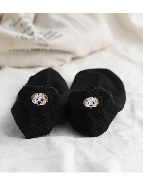 Fashion Black Heel Puppy Embroidered Cotton Socks