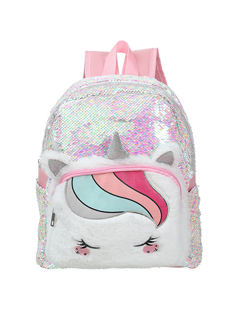 Fashion Light White Unicorn Sequined Plush Children's Backpack