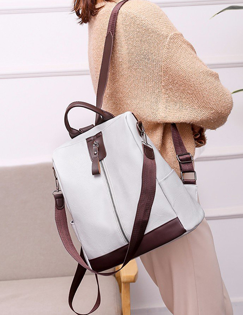 Fashion Light Grey Multifunctional Backpack With Zipper And Contrast Stitching