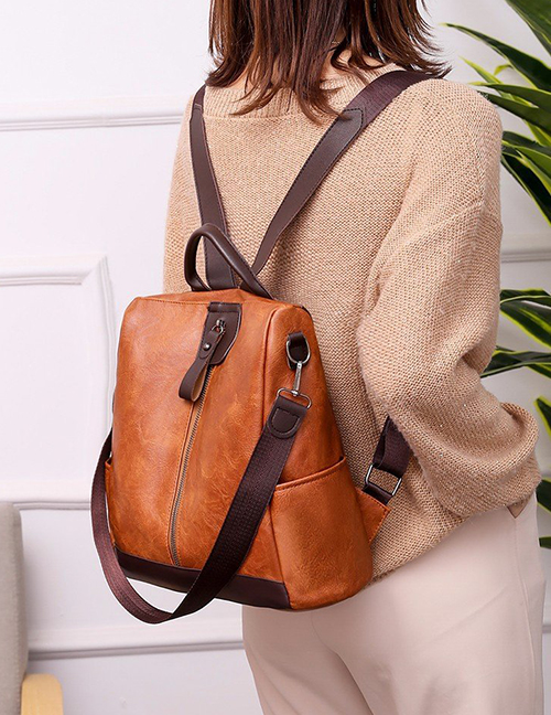 Fashion Brown Multifunctional Backpack With Zipper And Contrast Stitching