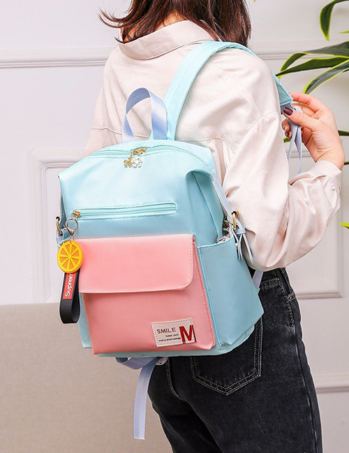 Fashion Lake Blue Contrasting Contrasting Letter Logo Flower Zipped Backpack