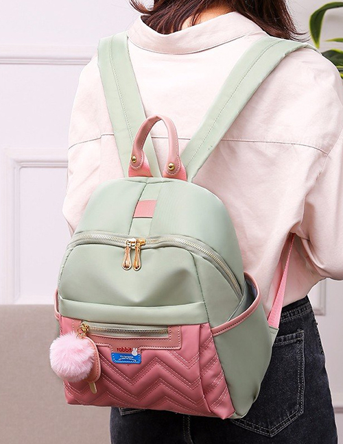 Fashion Light Green Stitched Contrast Rhombic Fur Ball Backpack