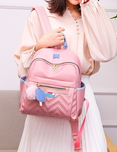 Fashion Pink Stitched Contrast Rhombic Fur Ball Backpack