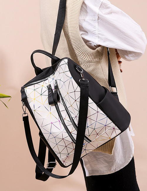 Fashion White Printed Stitched Backpack With Zipper