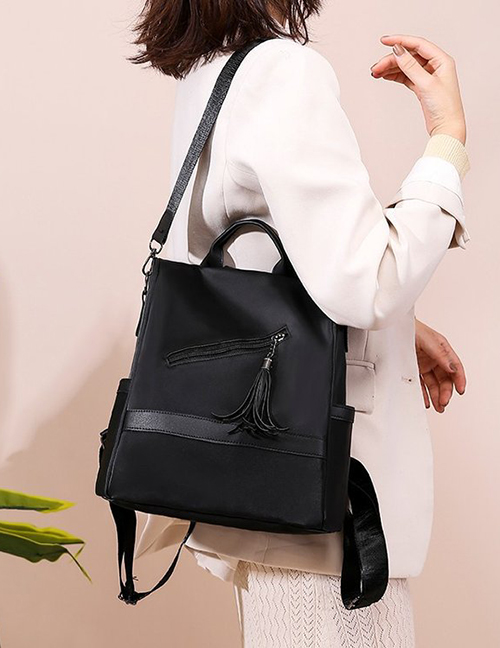 Fashion Black Anti-theft Multifunctional Tassel Zipper Stitching Backpack