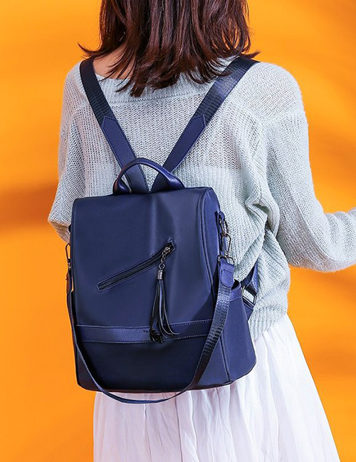Fashion Blue Anti-theft Multifunctional Tassel Zipper Stitching Backpack