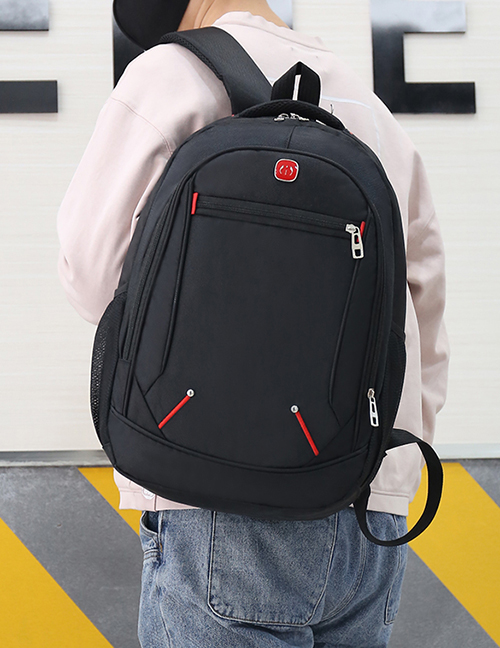 Fashion Black Stitched Contrast Mesh Pocket Backpack