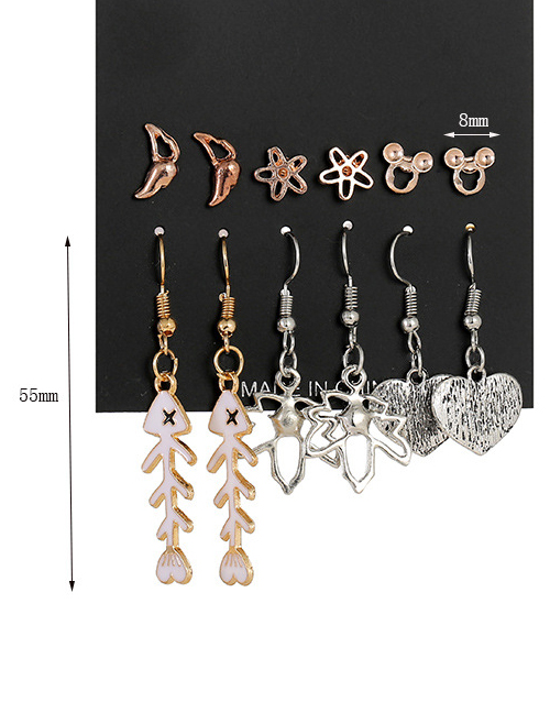 Fashion Color Mixing Pentagram Fishbone Heart Cutout Earrings Set With Diamonds