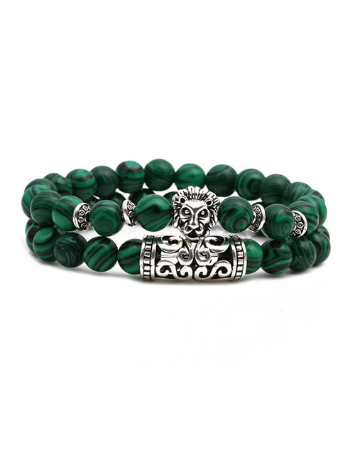 Fashion Green Malachite Lion Head Elbow Beaded Elastic Bracelet Set