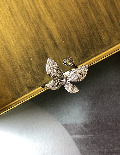 Fashion Single Butterfly With Diamond Silver Zircon Butterfly Open Adjustable Ring