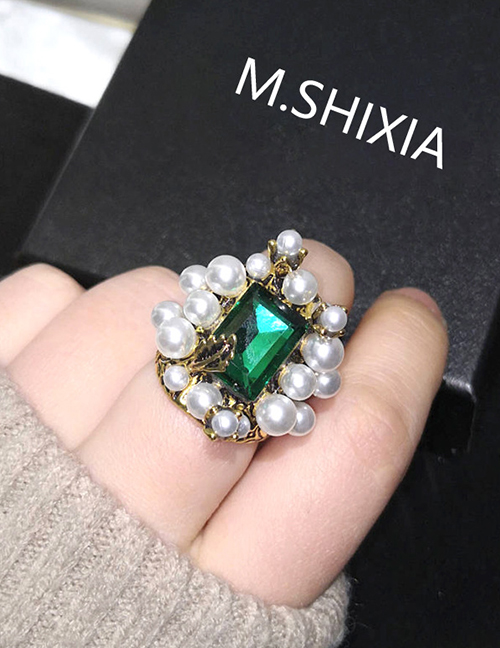 Fashion Green Emerald And Pearl Openwork Faceted Ring