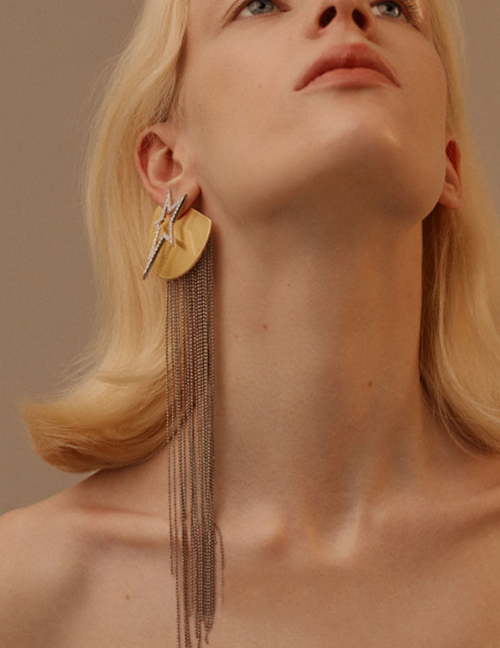 Fashion Golden Single Tassel Pentagram Chain Earrings With Diamonds