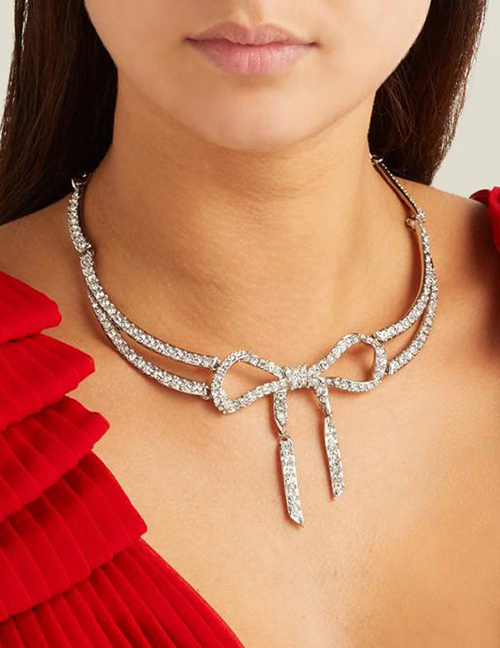 Fashion Silver Bow Knot Diamond Necklace