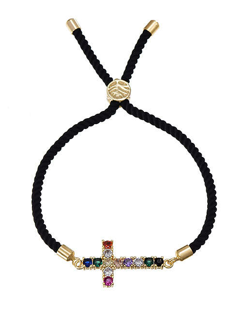 Fashion Black Brass Zircon Braided Rope Cross Bracelet