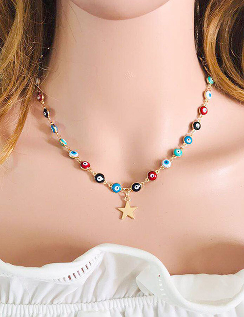 Fashion Color Mixing Dripping Eye Pentagram Alloy Necklace