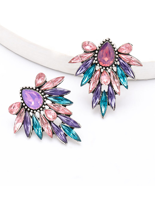 Fashion Purple Powder Alloy Diamond Floral Geometric Earrings