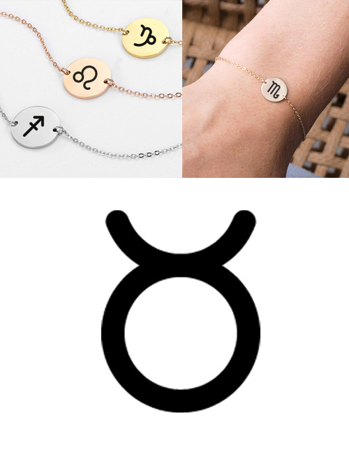 Fashion Steel Color-taurus (13mm) Gold-plated Geometric Round Stainless Steel Engraved Constellation Bracelet