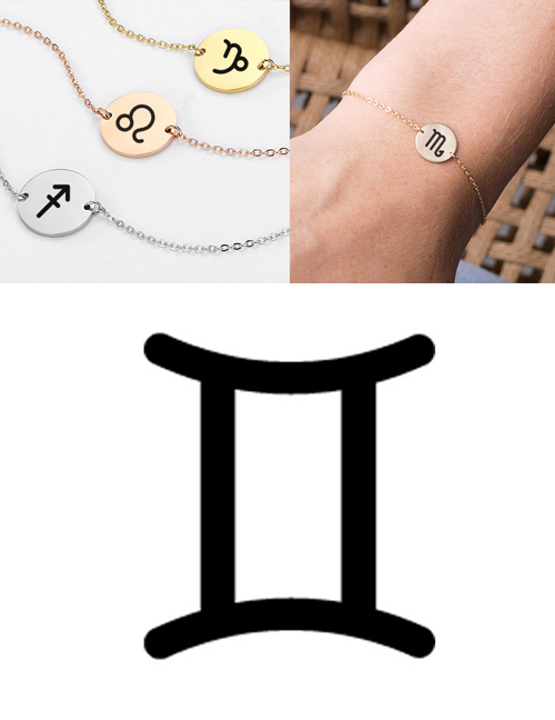 Fashion Golden-gemini (13mm) Gold-plated Geometric Round Stainless Steel Engraved Constellation Bracelet