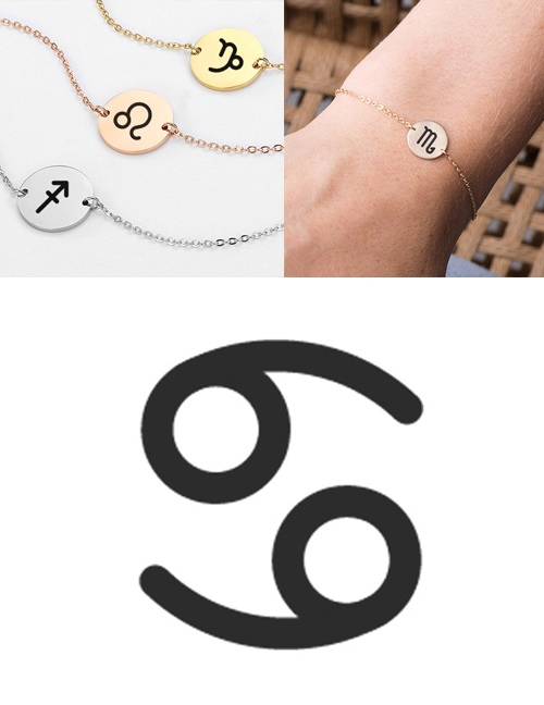Fashion Golden-cancer (13mm) Gold-plated Geometric Round Stainless Steel Engraved Constellation Bracelet
