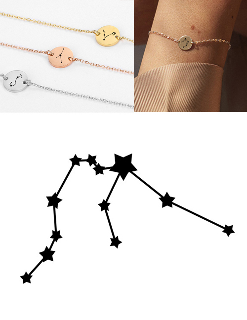 Fashion Golden-aquarius (9mm) Round Stainless Steel Gilt Engraved Constellation Bracelet