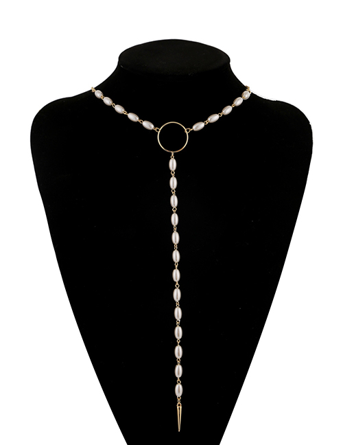 Fashion White Pearl Geometric Circle Alloy Tassel Necklace