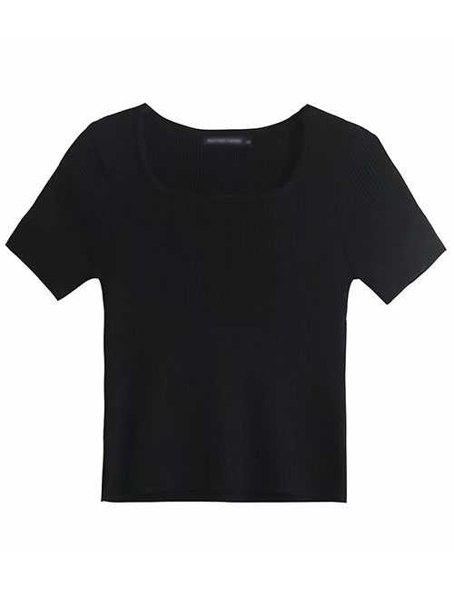 Fashion Black Knitted Square Collar Short Sleeve T-shirt