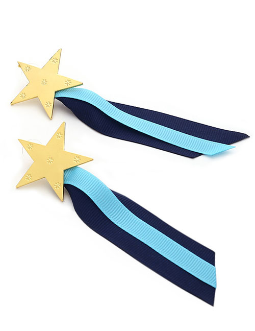 Fashion Blue + Navy Alloy Carved Pentagram Contrast Ribbon Web Fringe Earrings