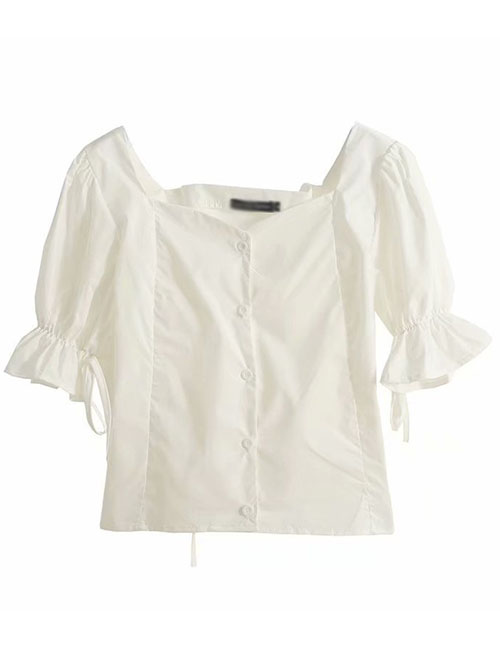 Fashion White Square Collar Back Lace Up Puff Sleeve Shirt