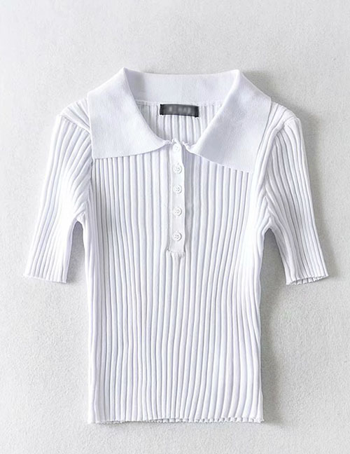 Fashion White Polo Collar Short Knit T-shirt