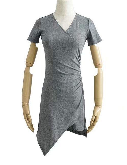 Fashion Gray V-neck Irregular Hem Pleated Dress