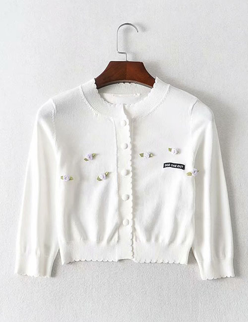 Fashion White Flower Panel Knitted Sweater Cardigan