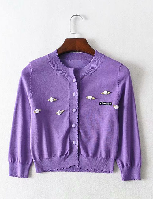 Fashion Purple Flower Panel Knitted Sweater Cardigan