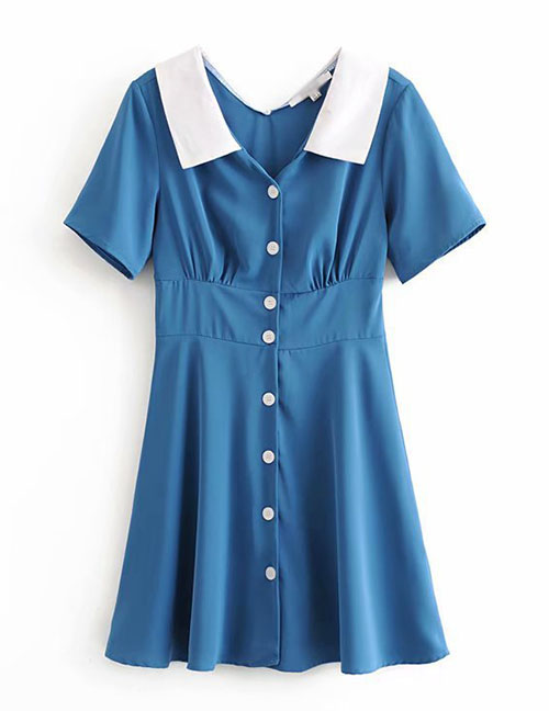 Fashion Blue Pleated Contrast Collar Pleated Dress