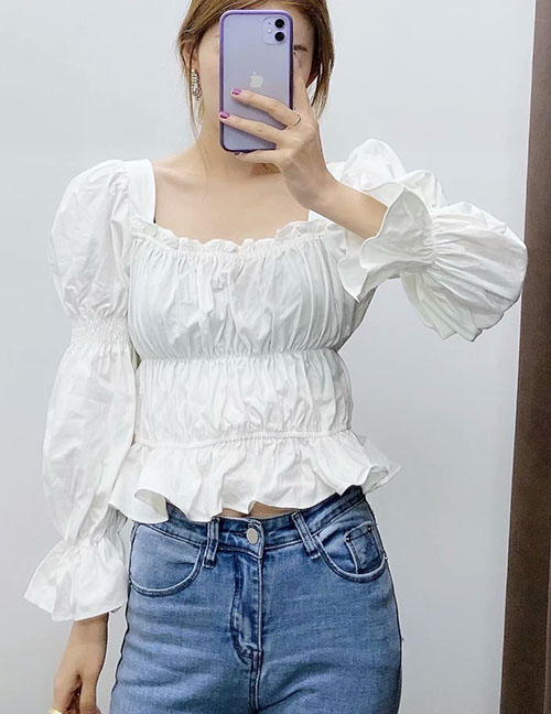 Fashion White Crinkled Square Collar Lamb Sleeve Pullover Shirt