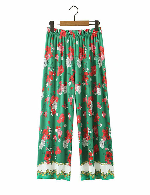 Fashion Green Flower Print Straight Trousers