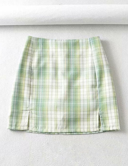 Fashion Green Plaid Plaid Printed Split Skirt