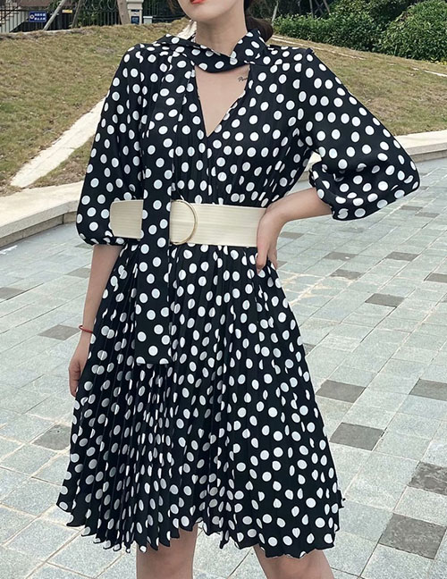 Fashion Black Pleated Polka Dot Print Dress With Belt