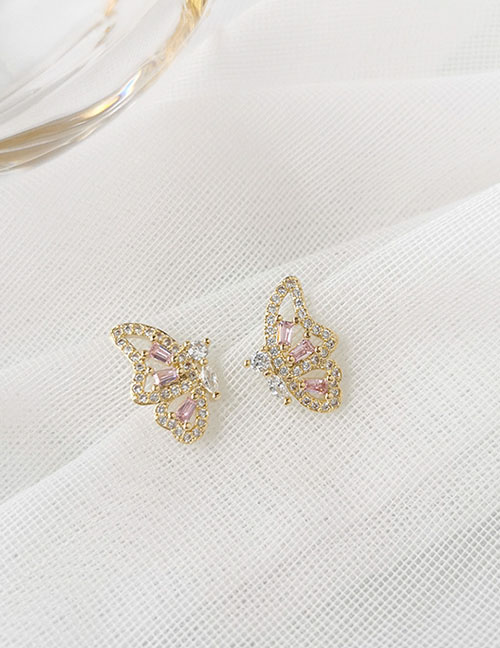 Fashion Pink Zircon  Silver Needle Hollow Butterfly Wing Earrings