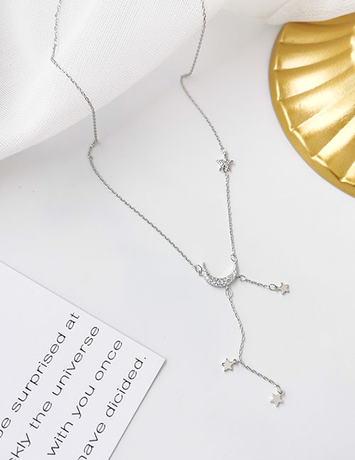 Fashion Silver Zircon Moon Tassel Necklace
