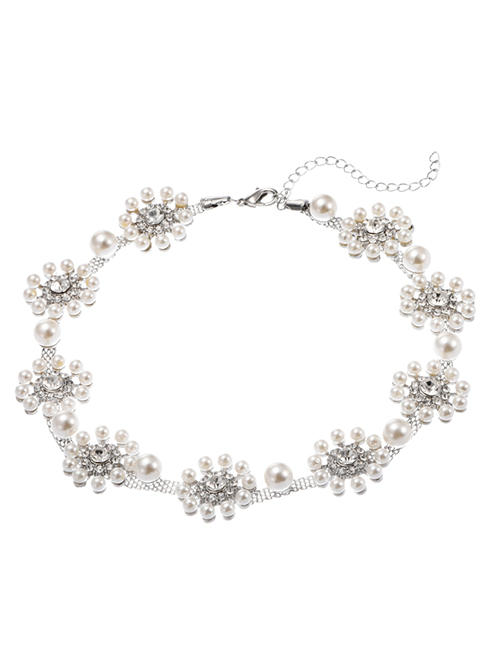 Fashion White K Pearl Necklace With Flowers And Diamonds
