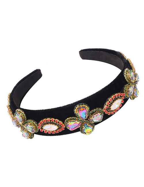 Fashion Color Corduroy Wide Headband With Diamond Flowers