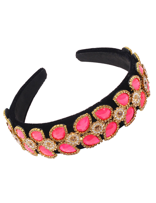 Fashion Fluorescent Red Corduroy Wide Headband With Diamond Flowers