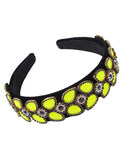 Fashion Fluorescent Green Corduroy Wide Headband With Diamond Flowers