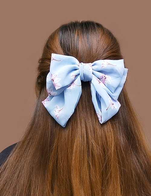 Fashion Light Blue Fabric Flower Print Bow Hair Clip