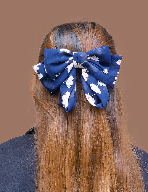 Fashion Navy Blue Fabric Flower Print Bow Hair Clip