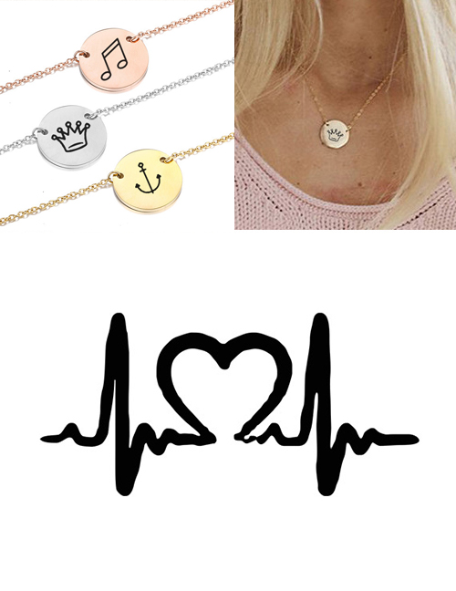 Fashion Steel Color Titanium Steel Engraved Ecg Stainless Steel Double Hole Round Necklace 15mm