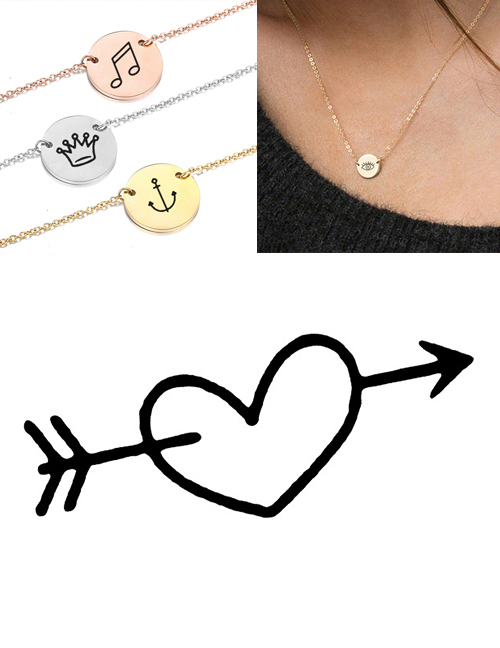 Fashion Steel Color Titanium Steel Stainless Steel Engraved Arrow Double Heart Round Necklace 9mm