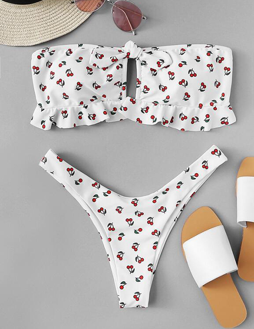 Fashion White Bandeau Cherry Print Chest Split Split Swimsuit