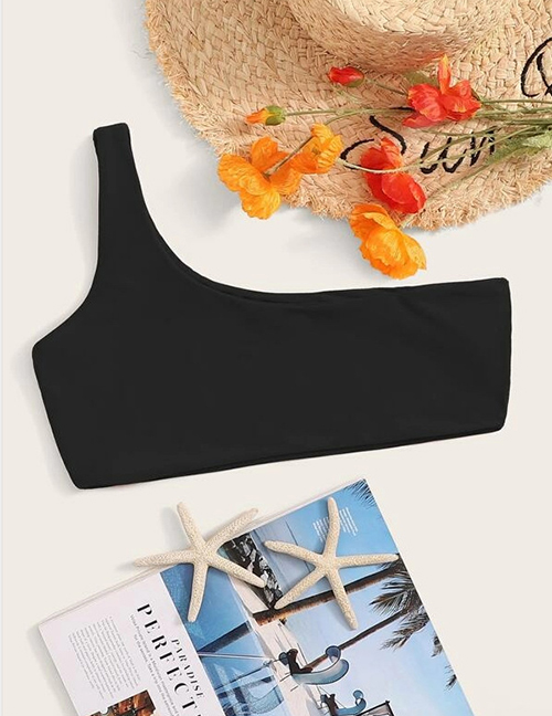 Fashion Black Top Irregular One Shoulder Solid Color Swimsuit Top